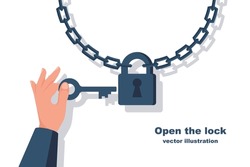 Open Padlock. Person Holds Key To The Hand. Chains For Castle As A Symbol Of Protection And Safety. Vector Illustration Flat Design. Symbol Of Protection. Free From Custody. Open Access To A Template.