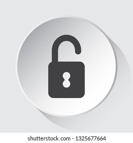 open padlock - simple gray icon on white button with shadow in front of light gray square background