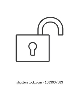 Open padlock, unbolted, insecure line icon.
