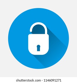 Open padlock vector icon. Symbol of reliability, safety  with clothes with long shadow.  Layers grouped for easy editing illustration. For your design.