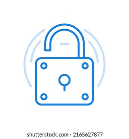 
Abrir icono de línea vectorial de candado. Protección deficiente y fácil hackeo del sistema de seguridad simple. Confiable en la propiedad privada con bloqueo de acceso a extraños y apertura con clave privada.