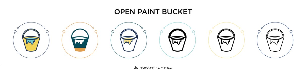 Open paint bucket icon in filled, thin line, outline and stroke style. Vector illustration of two colored and black open paint bucket vector icons designs can be used for mobile, ui, web