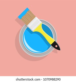 Open paint can and paintbrush, top view. Vector illustration in a flat style