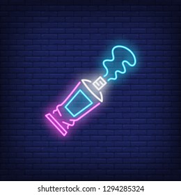 Open Paint Tube Neon Sign. Painting And Art Supplies Design. Night Bright Neon Sign, Colorful Billboard, Light Banner. Vector Illustration In Neon Style.