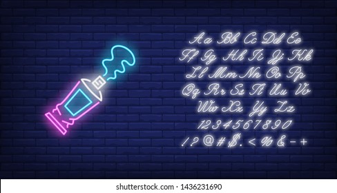 Open paint tube neon sign. Painting and art supplies design. Night bright neon sign, colorful billboard, light banner. Vector illustration in neon style.