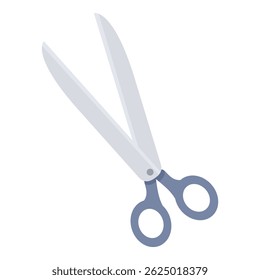 Open pair of metal scissors with blue handles for cutting paper, hair, fabric, and more