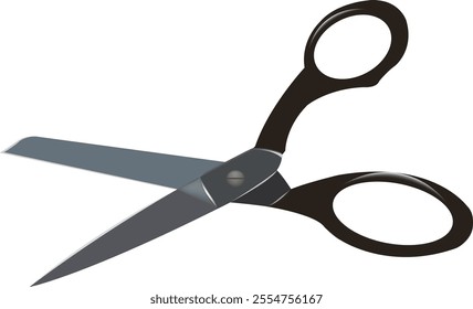 Open pair of scissors with black handles and sharp metal blades, ready for cutting