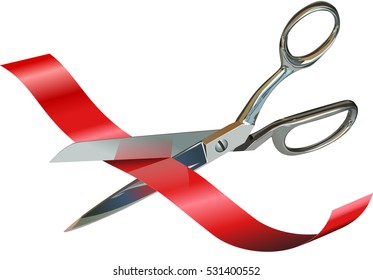 Open pair of scissors cutting a red ribbon