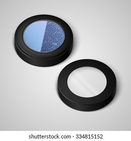 Open pallets with eye shadows and and cover. The pearlescent  blue eye shadows. Vector illustration