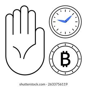 Palma abierta, reloj azul y blanco, símbolo de Bitcoin. Ideal para la gestión del tiempo, transacciones digitales, finanzas, blockchain, ahorros, límites personales, conceptos tecnológicos. Metáfora de línea