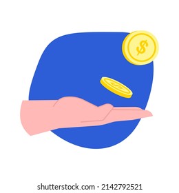 Open palm  with floating dollar coins. Simple flat vector illustration for finance, business and banking. Arm with money for charity, donation or lottery.