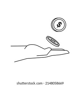 Open palm  with floating dollar coins. Simple line vector illustration for finance, business and banking. Arm with money for charity, donation or lottery.