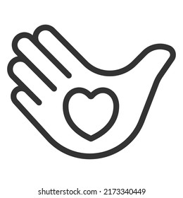 Open palm in the form of a dove and the image of a heart on it, a symbol of peace - vector sign, web icon, illustration on a white background, outline style
