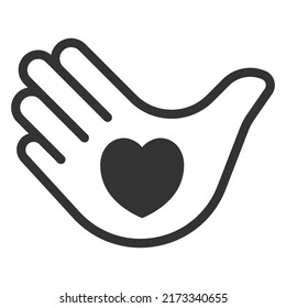 Open palm in the form of a dove and the image of a heart on it, a symbol of peace - vector sign, web icon, illustration on a white background, glyph style