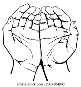Open palm gesture. Open hands. Hand illustration. Black and white illustration. Outline. Muslim praying. Pray to god. Praying symbol.