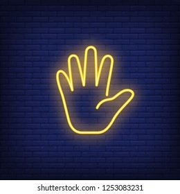 Open palm gesture neon sign. Stop gesture design. Night bright neon sign, colorful billboard, light banner. Vector illustration in neon style.