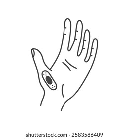 Open Palm of Hand with Adhesive Bandage. Outline gesture with medical sticking plaster. Injury protection and wound recovery symbol. First aid and healthcare sign. Vector illustration