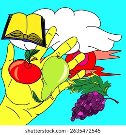 Abre palma da mão é bênção por frutas uva e livro vetor ilustração 
