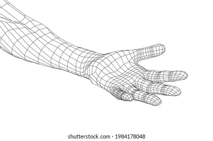 Open Palm Hand Gesture Of Male Hand. Vector Rendering Of 3d. Wire-frame Style