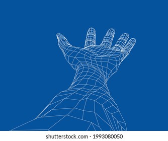 Open Palm Hand Gesture Of Male Hand. Vector Rendering Of 3d. Wire-frame Style