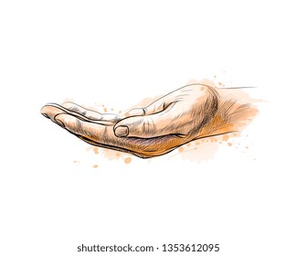 Open Palm Hand Gesture From A Splash Of Watercolor, Hand Drawn Sketch. Vector Illustration Of Paints