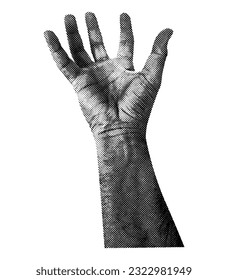 open palm of the hand with spread fingers upward direction isolated halftone black white dots texture pop art style collage element for mixed media concept design on a white background