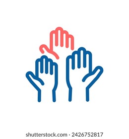 Open Palm Hands Vector Icon: Thin Line Illustration of Unity, Teamwork, Volunteering and Voting in US Presidential Elections 2024.