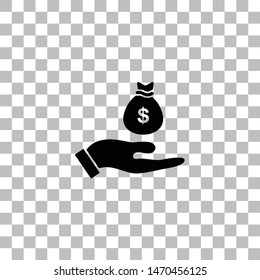 Open Palm Hold Money Bag. Black flat icon on a transparent background. Pictogram for your project