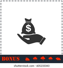 Open Palm Hold Money Bag icon flat. Simple vector symbol and bonus icon