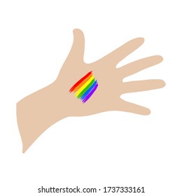 Open palm with light skin and a rainbow on the hand.Flat illustration.LGBT.Vector illustration