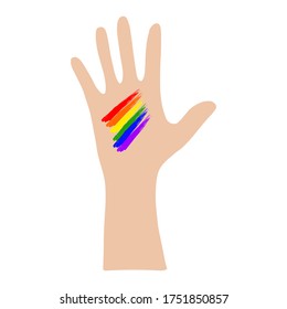 Open palm with light skin and a rainbow on the hand.Flat illustration.LGBT.Vector illustration