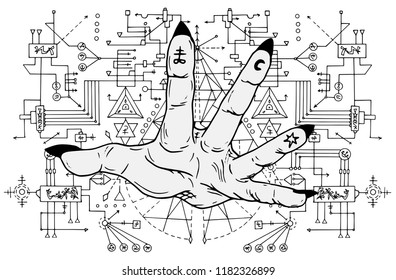 Open palm with mystic signs on fingers against sacred geometry pattern. Esoteric, occult and Halloween concept, mystic vector illustrations for music album, book cover, t-shirts