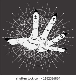 Open palm with mystic symbols on fingers on sacred geometry background. Esoteric, occult and Halloween concept, mystic vector illustrations for music album, book cover, t-shirts