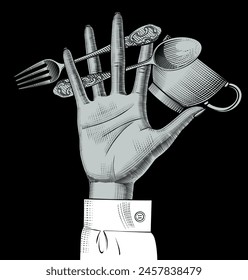 An open palm with a spoon, fork and coffee cup between the fingers on black background. Cafe and restaurant concept symbol. Drawing in vintage engraving 
style. Vector illustration