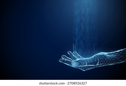 Palma abierta con corrientes de puntos digitales azules que suben. Flujo de datos, visualización de información, inteligencia artificial, procesamiento de sistemas, concepto de innovación. Estilo futurista de poliéster bajo. Vector.