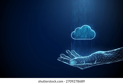 Abra la palma con flujos de puntos digitales azules que se elevan hacia arriba y un icono de nube. Flujo de datos, procesamiento de información, análisis de IA, monitoreo, concepto de conocimiento. Estilo futurista digital de baja poli. Vector.