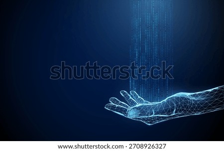 Open palm with streams of blue digital points rising upward. Data flow, information visualization, artificial intelligence, system processing, innovation concept. Low poly futuristic style. Vector.