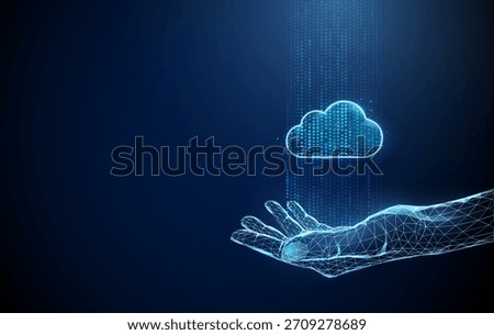 Open palm with streams of blue digital points rising upward and a cloud icon. Data flow, information processing, AI analysis, monitoring, insight concept. Low poly digital futuristic style. Vector.