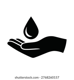 Open palm supports a single dark droping blood for saving life. Blood donation day.