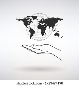 open palm with world map on light background