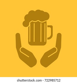 Open palms with beer mug glyph color icon. Silhouette symbol. Free ale. Negative space. Vector isolated illustration