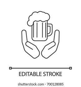 Open palms with beer mug linear icon. Free ale. Thin line illustration. Quality beer. Contour symbol. Vector isolated outline drawing. Editable stroke