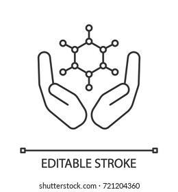 Open palms with benzene ring linear icon. Chemical engineering. Thin line illustration. Fuel economy. Contour symbol. Vector isolated outline drawing. Editable stroke