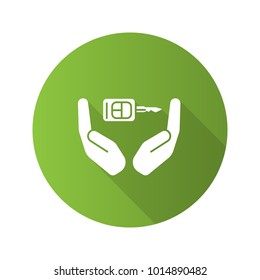 Open palms with car key flat design long shadow glyph icon. Real estate insurance. Car alarm system. Vector silhouette illustration