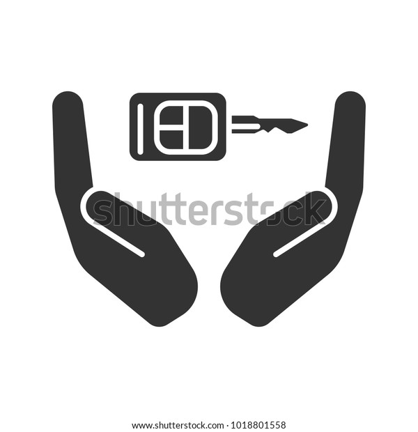 Open palms with car key glyph icon. Real\
estate insurance. Car alarm system. Silhouette symbol. Negative\
space. Vector isolated\
illustration