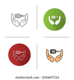 Open palms with car key icon. Flat design, linear and color styles. Real estate insurance. Car alarm system. Isolated vector illustrations