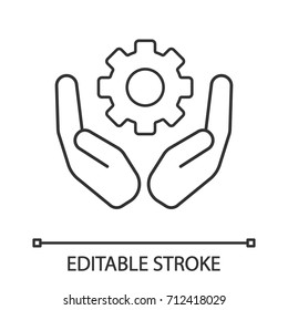Open palms with cogwheel linear icon. Technology progress. Thin line illustration. Devices and machines care. Contour symbol. Vector isolated outline drawing. Editable stroke