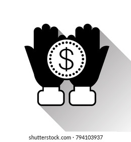 Open Palms With Dollar Coin In Hand Silhouette Black Icon Vector Illustration