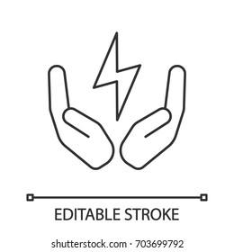 Open palms with energy symbol linear icon. Energy saving. Thin line illustration. Electricity economy. Contour symbol. Vector isolated outline drawing. Editable stroke