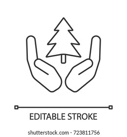 Open palms with fir tree linear icon. Saving forests. Thin line illustration. Nature care. Vector isolated outline drawing. Editable stroke